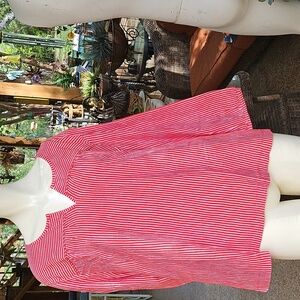 New With Tag LANDS END Red White Striped Soft Cotton Blouse T Shirt Size L 14-16